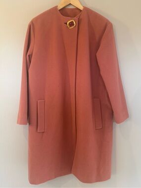 Anne Klein Coral Pink Wool-Blend Pea Coat with Gold Buckle